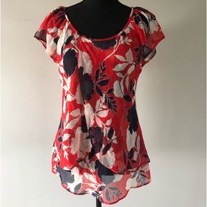 Women’s Tamara H. Red and Navy Blue Floral short sleeve blouse size S